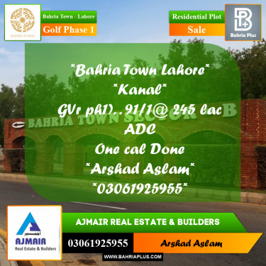 Residential Plot for Sale in Golf Phase 1 -  Bahria Town, Lahore - (BP-273959)