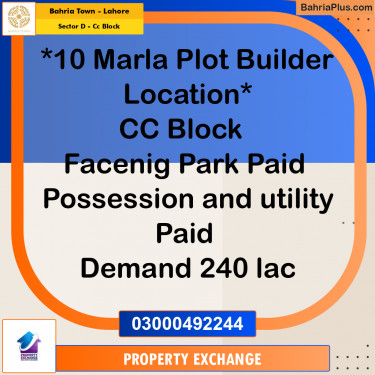 10 Marla Residential Plot for Sale in Sector D - CC Block -  Bahria Town, Lahore - (BP-274023)