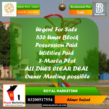 8 Marla Residential Plot for Sale in Sector B - Umer Block -  Bahria Town, Lahore - (BP-274140)