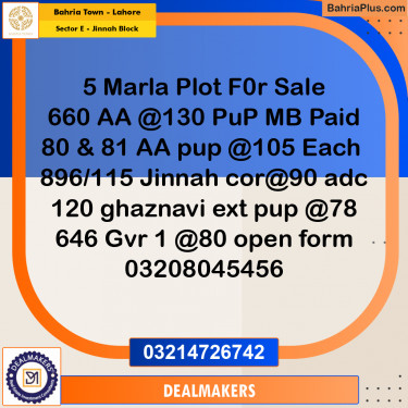5 Marla Residential Plot for Sale in Sector E - Jinnah Block -  Bahria Town, Lahore - (BP-274356)