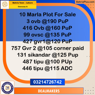 10 Marla Residential Plot for Sale in Overseas A -  Bahria Town, Lahore - (BP-274357)
