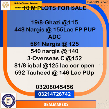 10 Marla Residential Plot for Sale in Sector B - Awais Qarni -  Bahria Town, Lahore - (BP-274385)