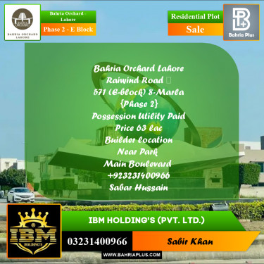 8 Marla Residential Plot for Sale in Phase 2 - E Block -  Bahria Orchard, Lahore - (BP-274674)