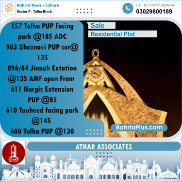10 Marla Residential Plot for Sale in Sector F - Talha Block -  Bahria Town, Lahore - (BP-274675)
