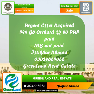 10 Marla Residential Plot for Sale in Phase 4 - G6 Block -  Bahria Orchard, Lahore - (BP-274885)