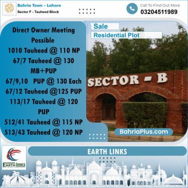 10 Marla Residential Plot for Sale in Sector F - Tauheed Block -  Bahria Town, Lahore - (BP-274915)