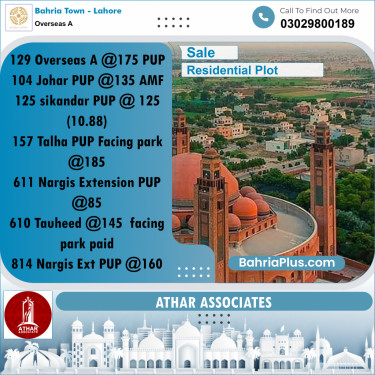 10 Marla Residential Plot for Sale in Overseas A -  Bahria Town, Lahore - (BP-274936)