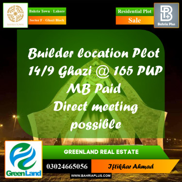 10 Marla Residential Plot for Sale in Sector F - Ghazi Block -  Bahria Town, Lahore - (BP-275012)