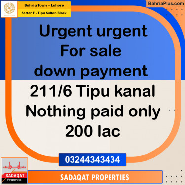 1 Kanal Residential Plot for Sale in Sector F - Tipu Sultan Block -  Bahria Town, Lahore - (BP-275309)