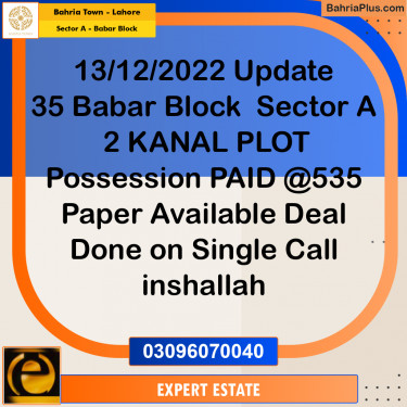 2 Kanal Residential Plot for Sale in Sector A - Babar Block -  Bahria Town, Lahore - (BP-275387)