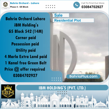 14 Marla Residential Plot for Sale in Phase 4 - G5 Block -  Bahria Orchard, Lahore - (BP-275412)