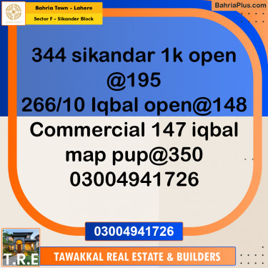 1 Kanal Residential Plot for Sale in Sector F - Sikander Block -  Bahria Town, Lahore - (BP-275618)