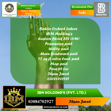 5 Marla Residential Plot for Sale in Phase 1 - Eastern District -  Bahria Orchard, Lahore - (BP-275648)