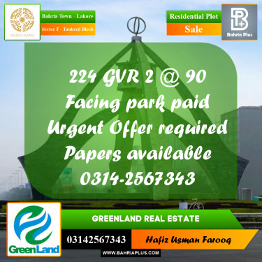 10 Marla Residential Plot for Sale in Sector F - Tauheed Block -  Bahria Town, Lahore - (BP-275710)