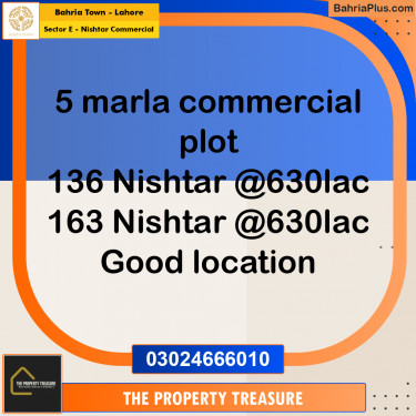 5 Marla Commercial Plot for Sale in Sector E - Nishtar Commercial -  Bahria Town, Lahore - (BP-276019)