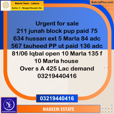 Residential Plot for Sale in Sector C - Nargis/Hussain Ext. -  Bahria Town, Lahore - (BP-276163)
