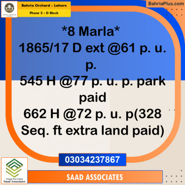 8 Marla Residential Plot for Sale in Phase 2 - D Block -  Bahria Orchard, Lahore - (BP-276170)