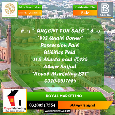 Residential Plot for Sale in Sector E - Quaid Block -  Bahria Town, Lahore - (BP-276252)