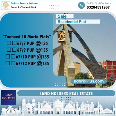 10 Marla Residential Plot for Sale in Sector F - Tauheed Block -  Bahria Town, Lahore - (BP-276294)