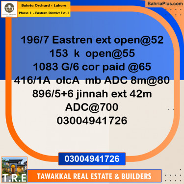 5 Marla Residential Plot for Sale in Phase 1 - Eastern District Ext. I -  Bahria Orchard, Lahore - (BP-276312)