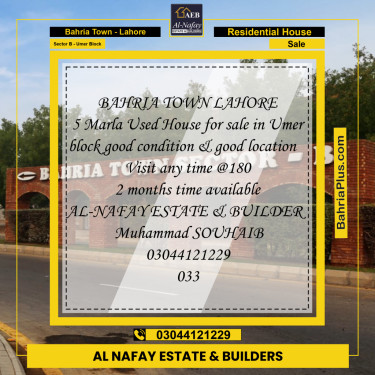 5 Marla Residential House for Sale in Sector B - Umer Block -  Bahria Town, Lahore - (BP-276402)