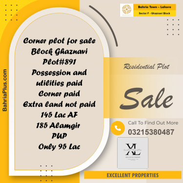 11.5 Marla Residential Plot for Sale in Sector F - Ghaznavi Block -  Bahria Town, Lahore - (BP-276476)
