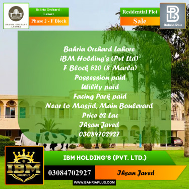 8 Marla Residential Plot for Sale in Phase 2 - F Block -  Bahria Orchard, Lahore - (BP-276496)
