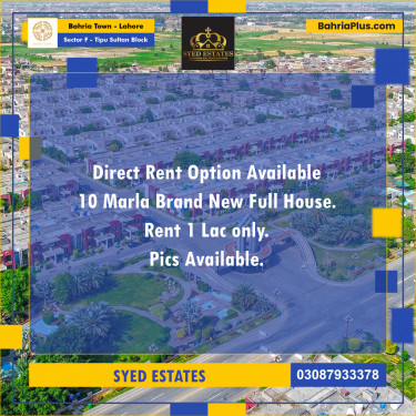 10 Marla Residential House for Rent in Sector F - Tipu Sultan Block -  Bahria Town, Lahore - (BP-276585)