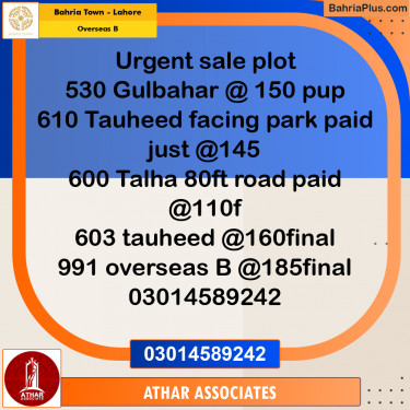 10 Marla Residential Plot for Sale in Overseas B -  Bahria Town, Lahore - (BP-276786)