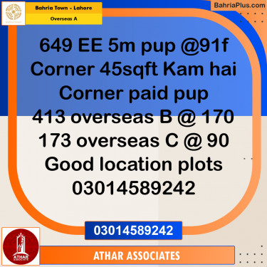 10 Marla Residential Plot for Sale in Overseas A -  Bahria Town, Lahore - (BP-276791)