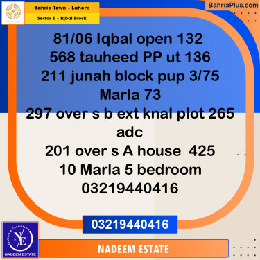 Residential Plot for Sale in Sector E - Iqbal Block -  Bahria Town, Lahore - (BP-277026)
