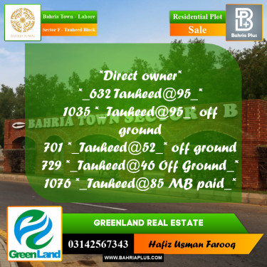 10 Marla Residential Plot for Sale in Sector F - Tauheed Block -  Bahria Town, Lahore - (BP-277105)
