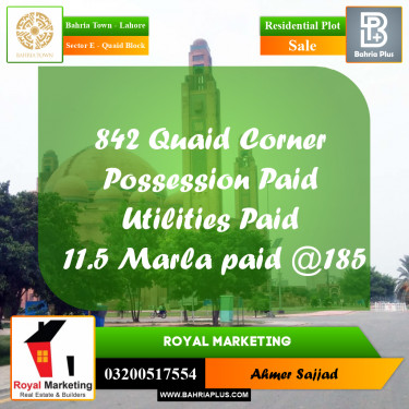 11.5 Marla Residential Plot for Sale in Sector E - Quaid Block -  Bahria Town, Lahore - (BP-277183)