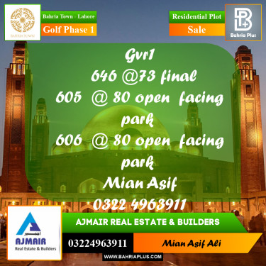 Residential Plot for Sale in Golf Phase 1 -  Bahria Town, Lahore - (BP-277231)