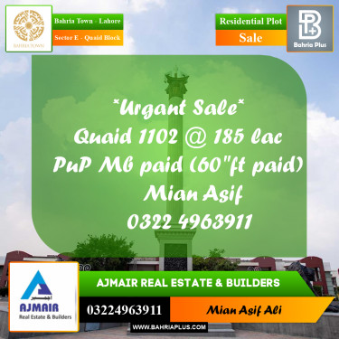 Residential Plot for Sale in Sector E - Quaid Block -  Bahria Town, Lahore - (BP-277236)