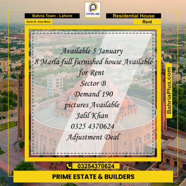 8 Marla Residential House for Rent in Sector B - Umer Block -  Bahria Town, Lahore - (BP-277368)