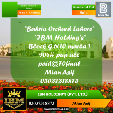 10 Marla Residential Plot for Sale in Phase 4 - G6 Block -  Bahria Orchard, Lahore - (BP-277496)