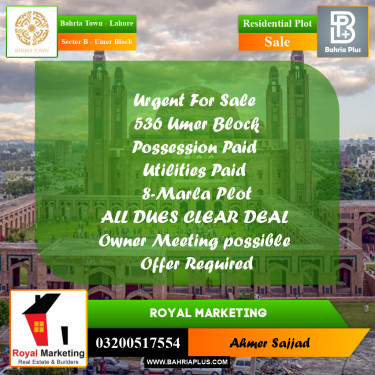 8 Marla Residential Plot for Sale in Sector B - Umer Block -  Bahria Town, Lahore - (BP-277498)