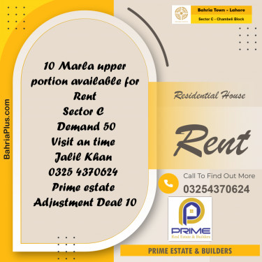 10 Marla Residential House for Rent in Sector C - Chambeli Block -  Bahria Town, Lahore - (BP-277617)