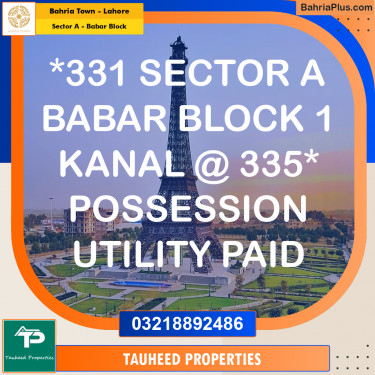 1 Kanal Residential Plot for Sale in Sector A - Babar Block -  Bahria Town, Lahore - (BP-277944)