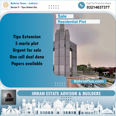 5 Marla Residential Plot for Sale in Sector F - Tipu Sultan Ext. -  Bahria Town, Lahore - (BP-278062)
