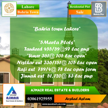 5 Marla Residential Plot for Sale in Bahria Town, Lahore - (BP-278275)