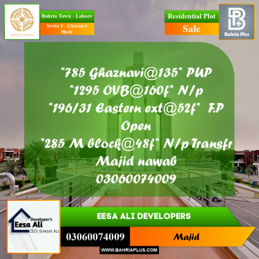 Residential Plot for Sale in Sector F - Ghaznavi Block -  Bahria Town, Lahore - (BP-278397)