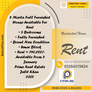 8 Marla Residential House for Rent in Sector B - Umer Block -  Bahria Town, Lahore - (BP-278549)