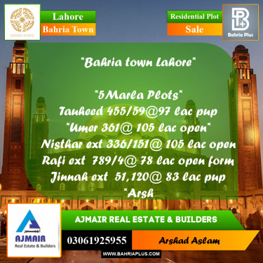 5 Marla Residential Plot for Sale in Bahria Town, Lahore - (BP-278587)
