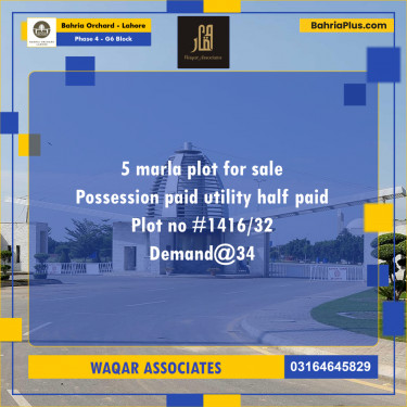 5 Marla Residential Plot for Sale in Phase 4 - G6 Block -  Bahria Orchard, Lahore - (BP-278715)