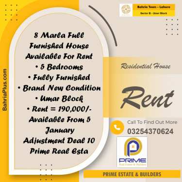 8 Marla Residential House for Rent in Sector B - Umer Block -  Bahria Town, Lahore - (BP-278745)