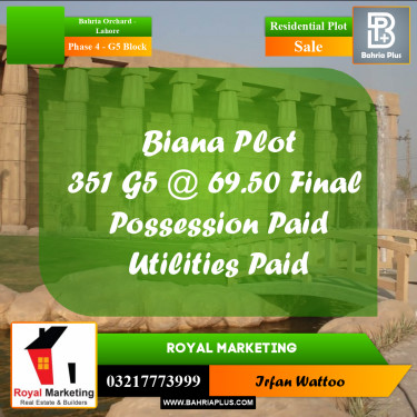 10 Marla Residential Plot for Sale in Phase 4 - G5 Block -  Bahria Orchard, Lahore - (BP-278903)