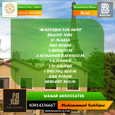10 Marla Residential House for Rent in Sector E - Rafi Block -  Bahria Town, Lahore - (BP-278922)