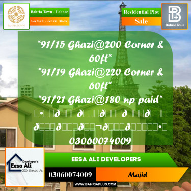 Residential Plot for Sale in Sector F - Ghazi Block -  Bahria Town, Lahore - (BP-278944)